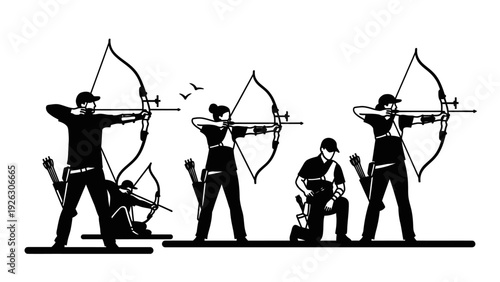 Silhouette illustration of four archers in various shooting poses with bows and arrows against a plain white background.