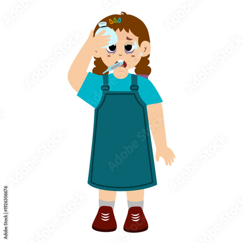 Little kid with a compress on his forehead. A child with a tired expression and a thermometer, large eye bags from illness.