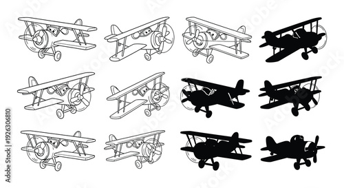 Collection of cartoon biplanes in various poses and silhouettes