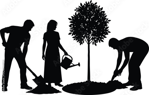 Family Planting Tree Together in Garden, Silhouette of Parents and Child Gardening and Watering Young Tree Isolated on White Background
