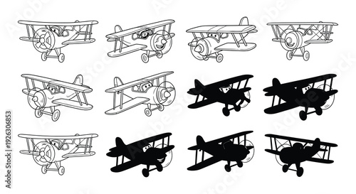 Collection of cartoon biplanes in various poses and silhouettes