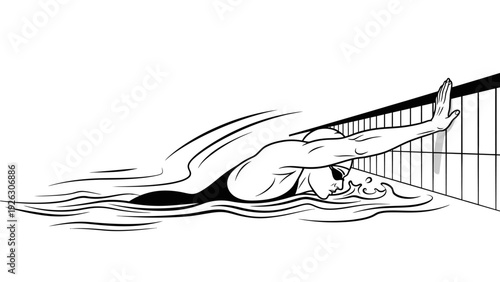 Illustration of a swimmer in a diving position with arms outstretched near a pool wall in a black and white graphic style.