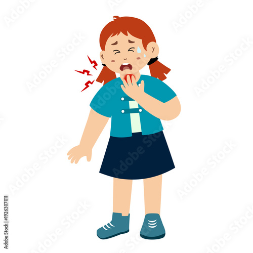 Little kid has a sore throat. have influenza or covid symptoms. Vector illustration