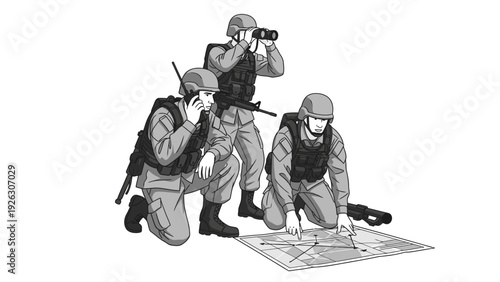 Three soldiers in tactical gear examining a map and surveying terrain with binoculars in a strategic operation.