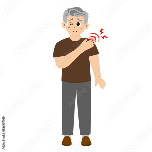 Man with shoulder pain. Man is shown holding her shoulder with a pained expression, indicating discomfort shoulder pain. vector illustration
