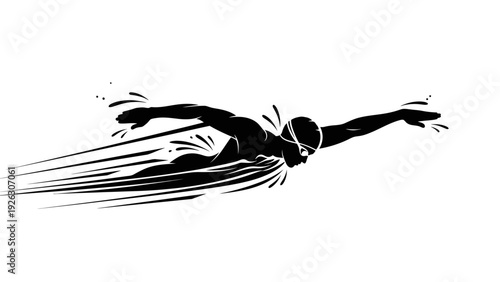 A dynamic black silhouette of a person swimming with outstretched arms and motion lines against a clean white background.