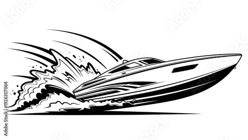 Black and white illustration of a speedboat racing through choppy waters with motion lines, against a plain white background.