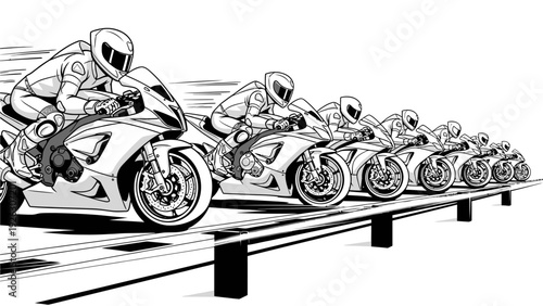 Black and white illustration of a line of motorcyclists riding on a track with a plain white background.