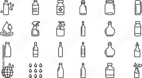 Plastic and glass bottle container icon set with water spray cosmetic packaging outline vector