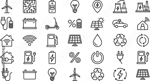Renewable energy and sustainable technology icon set with solar panels wind turbines electric vehicles outline vector collection