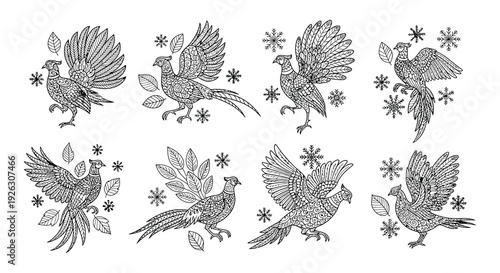 Vintage illustration of pheasants with snowflakes and detailed feather patterns