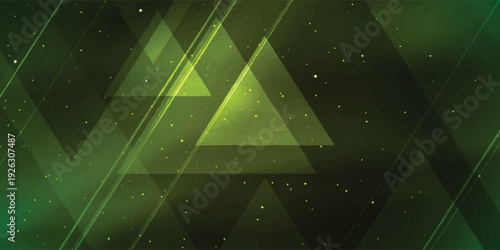 Abstract green geometric background with transparent triangles and diagonal lines.