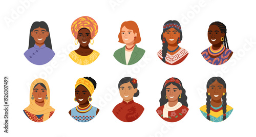 Set of female avatars with different skin tone and clothes isolated on white2. Concept of equality, cultural diversity, friendship, inclusion. Vector flat cliparts.