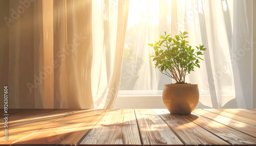 Wallpaper Mural Soft sunlight streams through sheer curtains, illuminating a potted plant on a wooden table Torontodigital.ca