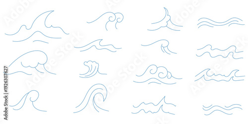 Line sea water wave. Marine aqua flowing waves icons. Decorative outline contours curly and swirly river, ocean  liquid. Zigzag horizontal sea and ocean water elements isolated on white background vec