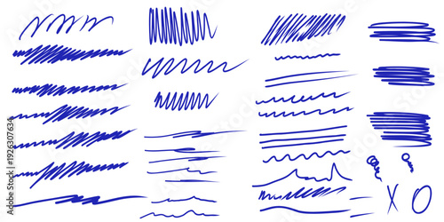 Messy textured blue line scribbles and anti-design doodles vector illustration set isolated on white background. Messy pen scratch scribble doodle elements in blu