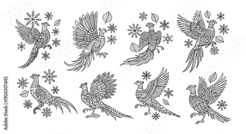 Vintage illustration of pheasants with snowflakes and detailed feather patterns