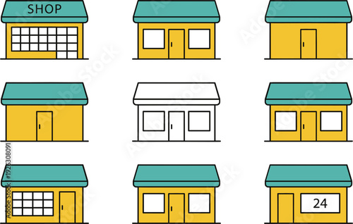 Small shop storefront building icon set with retail market facade flat vector collection