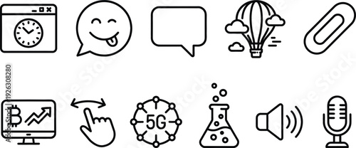 Technology and communication icon set with 5G analytics chat microphone speaker outline vector