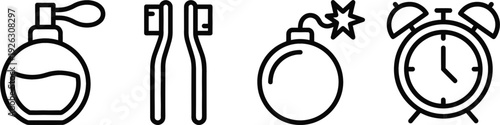 Time and explosive objects icon set with perfume bottle pliers bomb and alarm clock outline vector