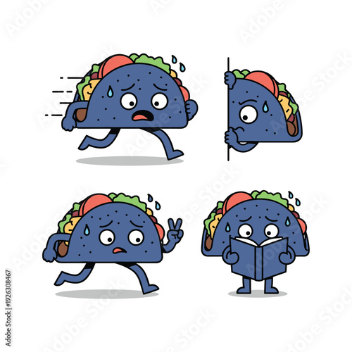 Cartoon taco character exercising and reading in different poses with copy space