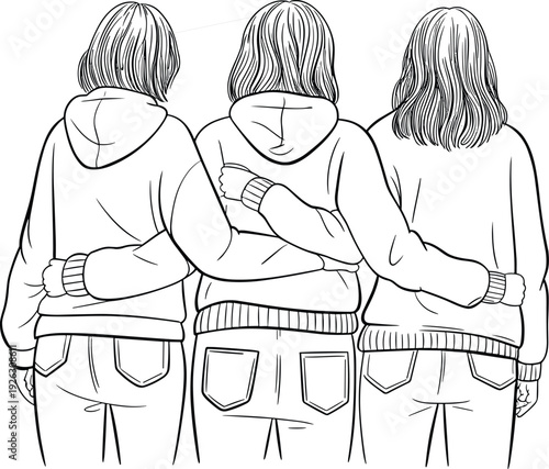 Back view of three women hugging illustration, friendship and sisterhood line art drawing, supportive female relationship concept isolated on white background