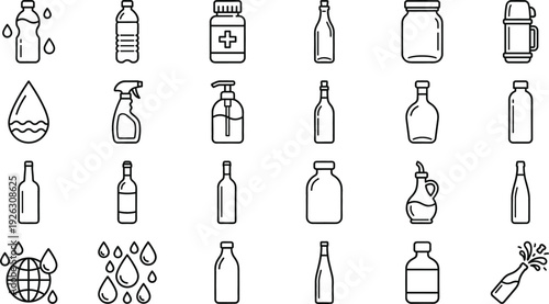 Bottle and liquid container icon set with plastic glass spray water packaging outline vector