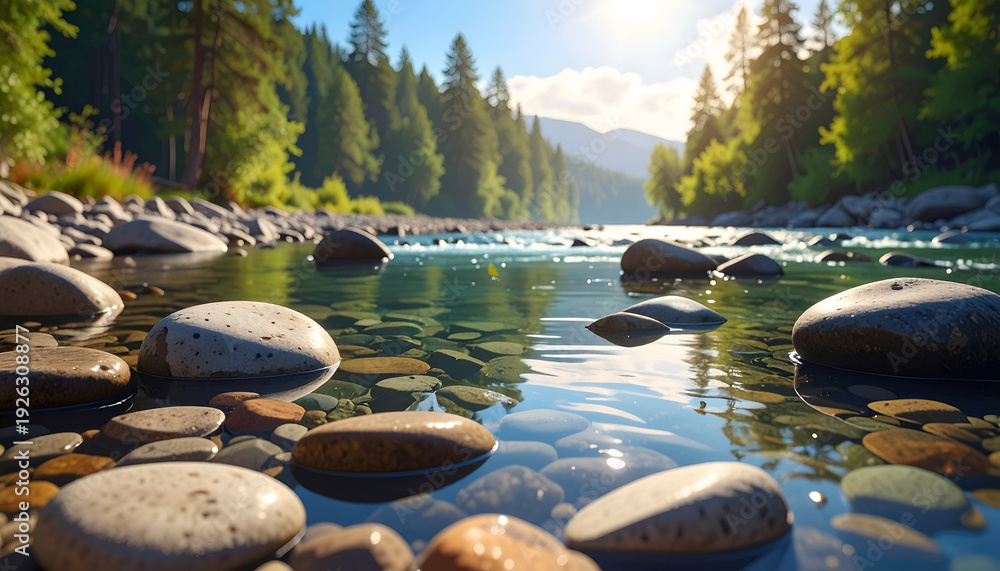 custom made wallpaper toronto digitalA serene riverside view featuring smooth stones beneath crystal-clear water and lush trees