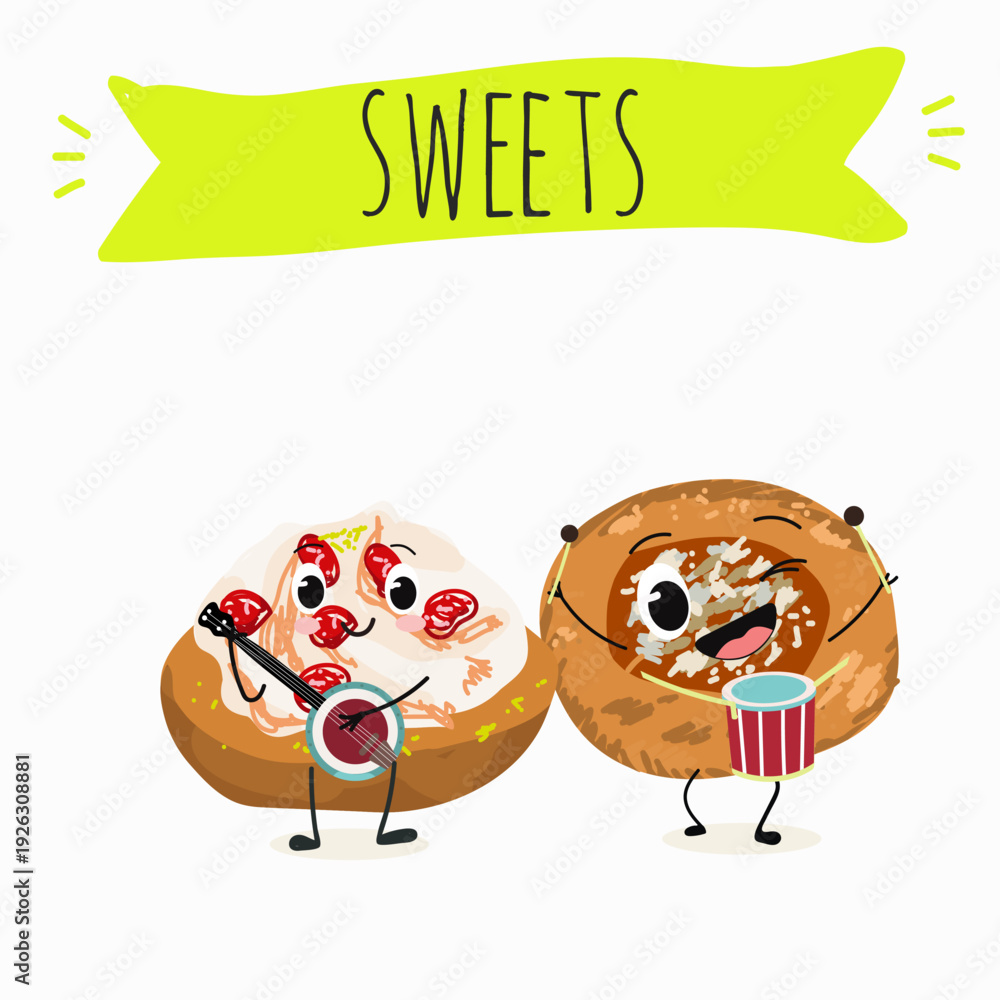 Fototapeta premium Funny Characters quince dessert, Ayva tatlısı, hand drawn vector illustration.