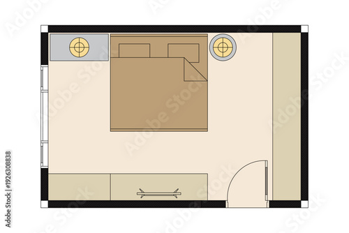 Colors Modern Master Bedroom Floor Plan with Bed and Furniture Layout. 4