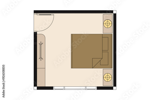 Colors Modern Master Bedroom Floor Plan with Bed and Furniture Layout. 1