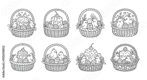 Charming collection of hand drawn easter baskets with chicks and eggs