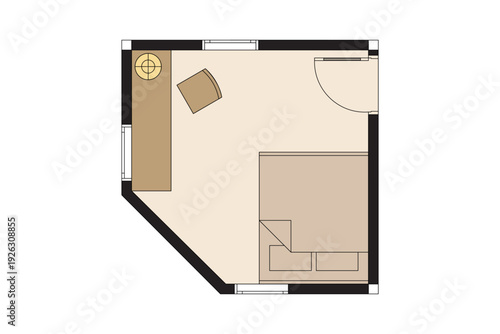 Colors Modern Bedroom Floor Plan with Bed and Furniture Layout. 2