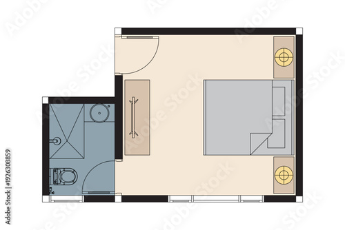 Colors Modern Master Bedroom Floor Plan with Bed and Furniture Layout. 3