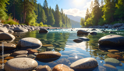 Wallpaper Mural A serene riverside view featuring smooth stones beneath crystal-clear water and lush trees Torontodigital.ca