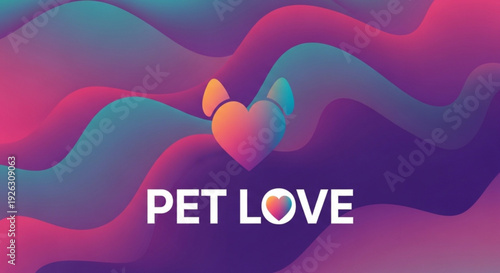 Vibrant abstract background with intertwined hearts and 'pet love' text in white symbolizing affection and companionship with pets in a colorful wavy design