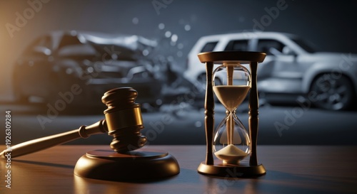Wooden judge gavel and hourglass in focus on a desk. Blurred car crash accident in the background. Concept of legal deadline, statute of limitations, and auto insurance dispute.