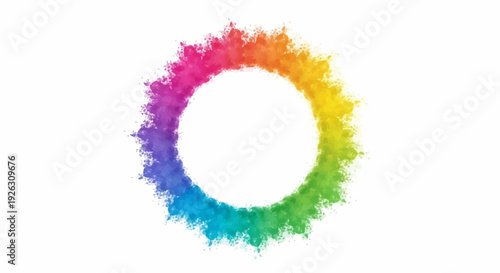 Colorful illustration of a rainbow powder design on a white background, celebrating Holi Day with a vibrant circular frame and abstract layout.