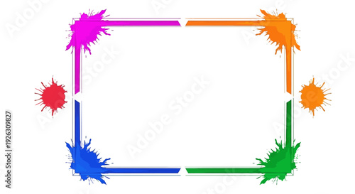 Colorful illustration of a square frame with vibrant paint splatters in pink, orange, green, blue, and red on a white background, symbolizing Holi festival celebration.