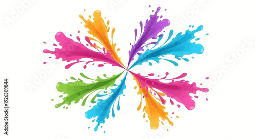 A colorful, abstract illustration of a Holi festival design with rainbow-colored powder splashes on a white background, symbolizing celebration and tradition.