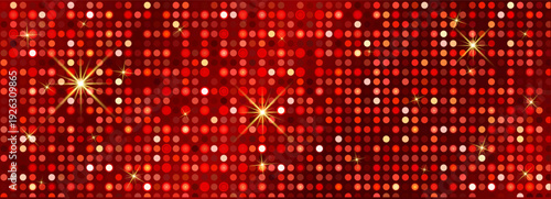 Red disco mosaic with golden star flares. Sequin dots in scarlet, orange, cream shades. Shimmering halftone grid texture. Party poster, nightclub flyer, holiday event backdrop. Vector design.