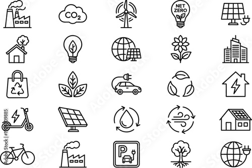 Eco sustainability and renewable energy icon set with net zero carbon solar wind electric vehicle