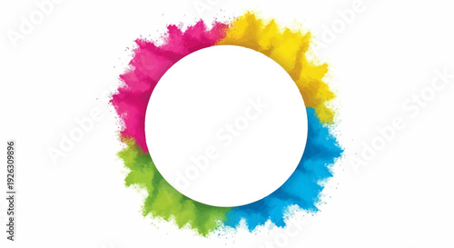 Colorful illustration of a white circle surrounded by vibrant, rainbow-colored powder splashes on a clean background, symbolizing Holi festival celebration.