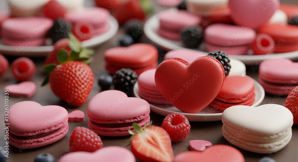 Obraz premium Assorted Macarons with Heart Shapes and Fresh Berries Still Life