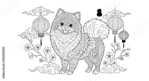Intricate line art illustrations of pomeranian dogs in various poses