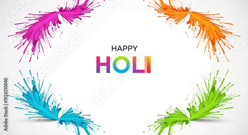 Colorful illustration of Holi festival celebration with vibrant paint splashes and 'HAPPY HOLI' text on a white background.