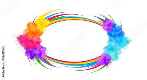 Vibrant illustration of colorful powder exploding in a circular rainbow pattern on a white background, symbolizing Holi Day celebration and festive joy.