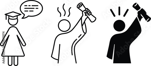 Education and stress expression icons with graduate speech bubble frustration and megaphone silhouette vector set