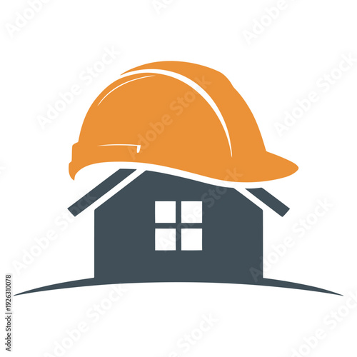 Construction hard hat over house icon - minimalist home renovation symbol