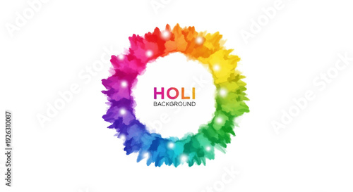 Colorful Holi festival celebration background with vibrant rainbow colors and powder design elements in a circular frame layout.
